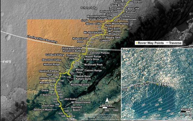 This map shows the route driven by NASA's Mars rover Curiosity through the 1746 Martian day, or sol, of the rover's mission on Mars (July 05, 2017).