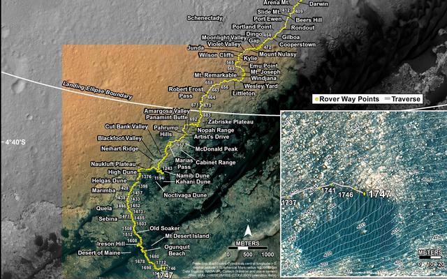 This map shows the route driven by NASA's Mars rover Curiosity through the 1747 Martian day, or sol, of the rover's mission on Mars (July 06, 2017).