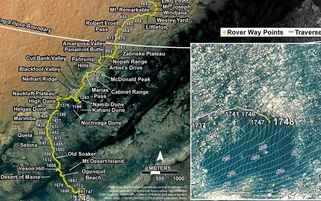 This map shows the route driven by NASA's Mars rover Curiosity through the 1748 Martian day, or sol, of the rover's mission on Mars (July 07, 2017).