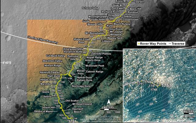 This map shows the route driven by NASA's Mars rover Curiosity through the 1751 Martian day, or sol, of the rover's mission on Mars (July 10, 2017).