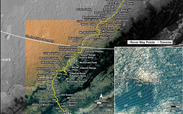 This map shows the route driven by NASA's Mars rover Curiosity through the 1752 Martian day, or sol, of the rover's mission on Mars (July 11, 2017).