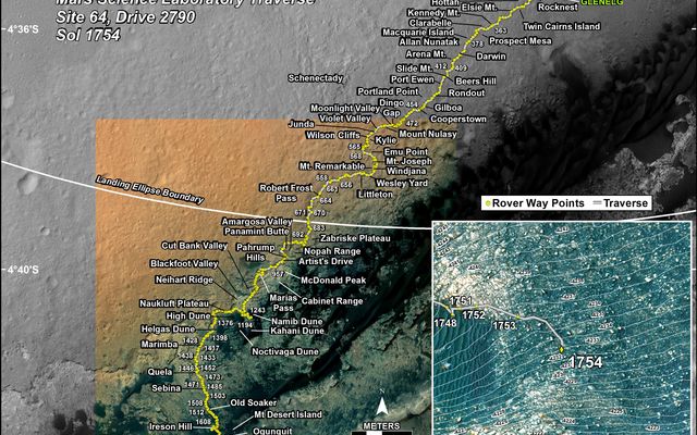 This map shows the route driven by NASA's Mars rover Curiosity through the 1754 Martian day, or sol, of the rover's mission on Mars (July 13, 2017).
