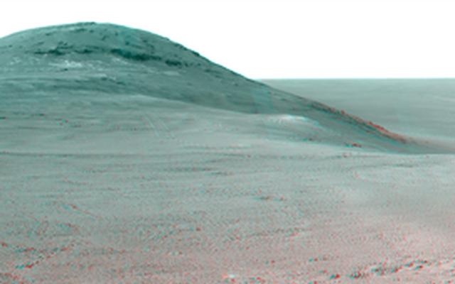 This June 2017 stereo  view from NASA's Opportunity Mars rover shows the area just above  "Perseverance Valley" on the rim of a crater. It combines images from  the left eye and right eye of the rover's Pancam to appear three-dimensional  when seen through blue-red glasses with the red lens on the left.