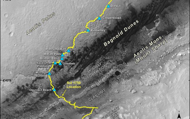 This map shows the route driven by NASA's Curiosity Mars rover, from the location where it landed in August 2012 to its location in July 2017 (Sol 1750), and its planned path to additional geological layers of lower Mount Sharp.