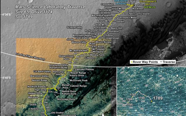 This map shows the route driven by NASA's Mars rover Curiosity through the 1789 Martian day, or sol, of the rover's mission on Mars (August 18, 2017).