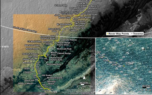 This map shows the route driven by NASA's Mars rover Curiosity through the 1794 Martian day, or sol, of the rover's mission on Mars (August 23, 2017).