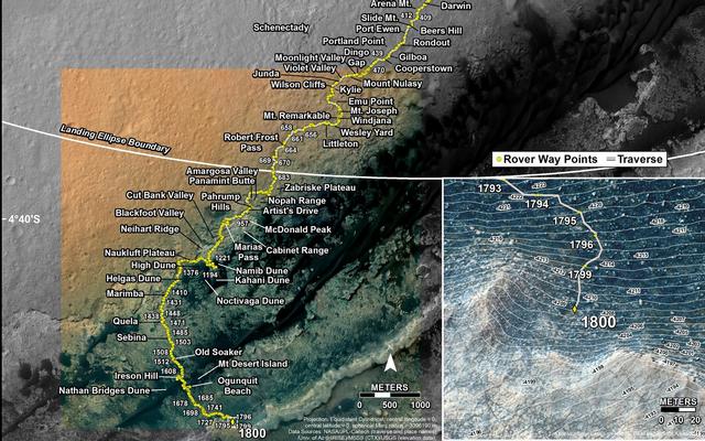 This map shows the route driven by NASA's Mars rover Curiosity through the 1800 Martian day, or sol, of the rover's mission on Mars (August 30, 2017).