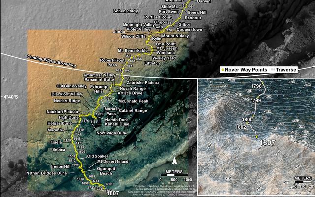 This map shows the route driven by NASA's Mars rover Curiosity through the 1807 Martian day, or sol, of the rover's mission on Mars (September 06, 2017).