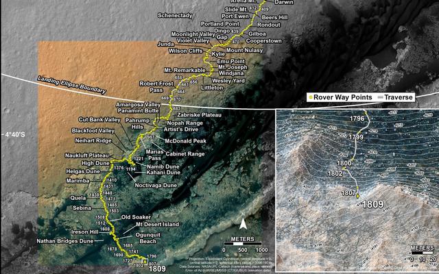 This map shows the route driven by NASA's Mars rover Curiosity through the 1809 Martian day, or sol, of the rover's mission on Mars (September 08, 2017).