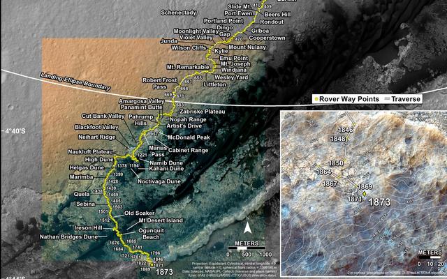 This map shows the route driven by NASA's Mars rover Curiosity through the 1873 Martian day, or sol, of the rover's mission on Mars (November 13, 2017).