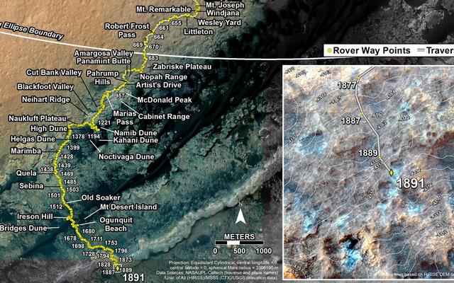 This map shows the route driven by NASA's Mars rover Curiosity through the 1891 Martian day, or sol, of the rover's mission on Mars (December 01, 2017).