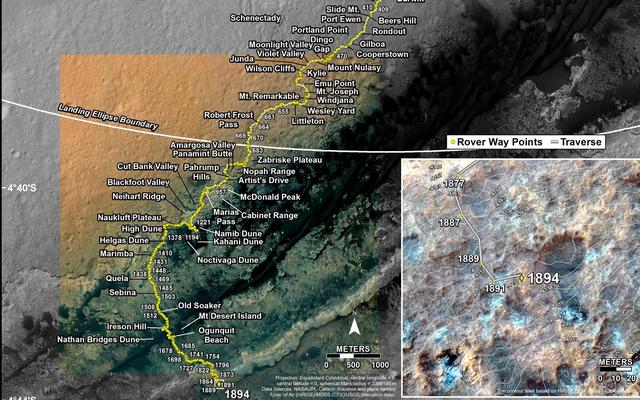 This map shows the route driven by NASA's Mars rover Curiosity through the 1894 Martian day, or sol, of the rover's mission on Mars (December 04, 2017).