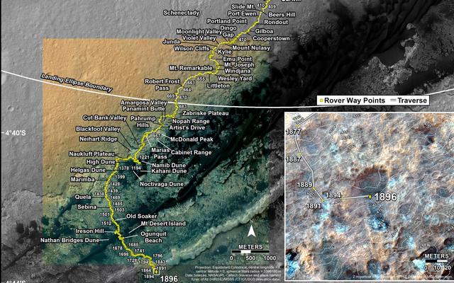This map shows the route driven by NASA's Mars rover Curiosity through the 1896 Martian day, or sol, of the rover's mission on Mars (December 06, 2017).