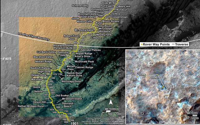 This map shows the route driven by NASA's Mars rover Curiosity through the 1901 Martian day, or sol, of the rover's mission on Mars (December 11, 2017).