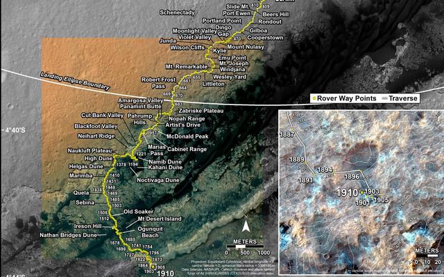 This map shows the route driven by NASA's Mars rover Curiosity through the 1910 Martian day, or sol, of the rover's mission on Mars (December 20, 2017).