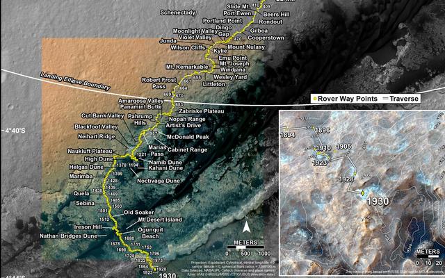 This map shows the route driven by NASA's Mars rover Curiosity through the 1930 Martian day, or sol, of the rover's mission on Mars (January 10, 2018).