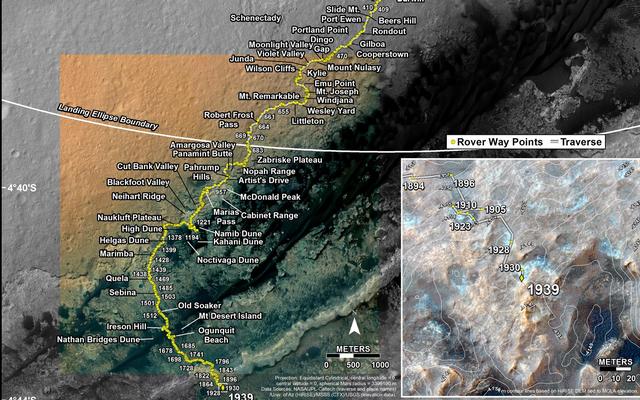 This map shows the route driven by NASA's Mars rover Curiosity through the 1939 Martian day, or sol, of the rover's mission on Mars (January 19, 2018).