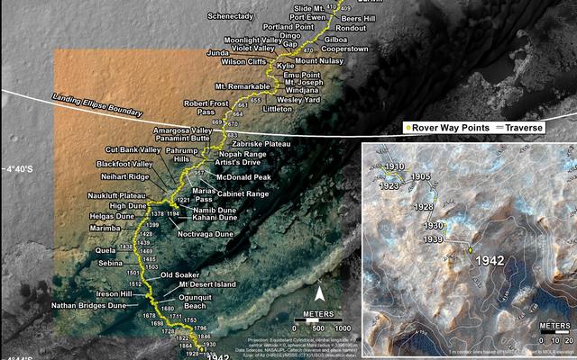 This map shows the route driven by NASA's Mars rover Curiosity through the 1942 Martian day, or sol, of the rover's mission on Mars (January 22, 2018).