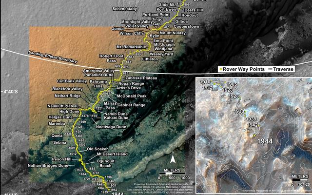 This map shows the route driven by NASA's Mars rover Curiosity through the 1944 Martian day, or sol, of the rover's mission on Mars (January 24, 2018).