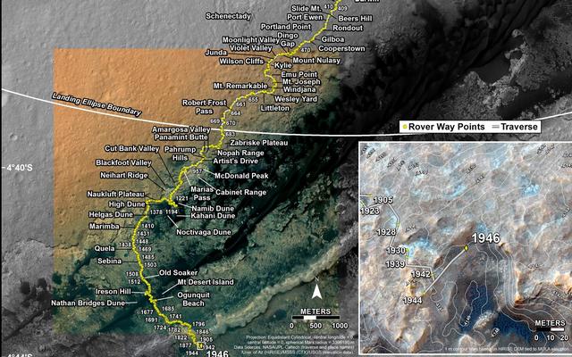 This map shows the route driven by NASA's Mars rover Curiosity through the 1946 Martian day, or sol, of the rover's mission on Mars (January 26, 2018).