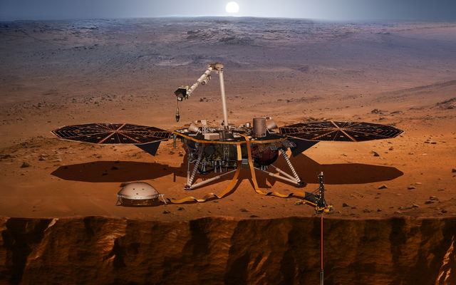 This artist's concept shows the InSight lander, its sensors, cameras and instruments.