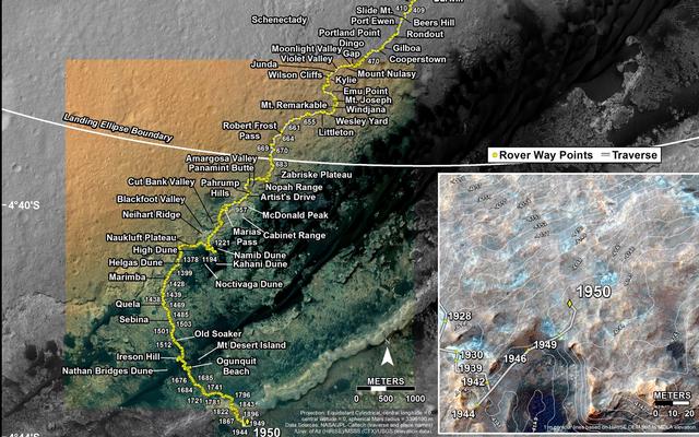 This map shows the route driven by NASA's Mars rover Curiosity through the 1950 Martian day, or sol, of the rover's mission on Mars (January 31, 2018).
