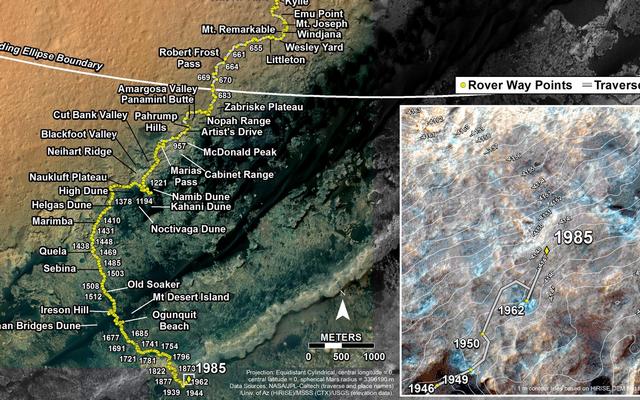 This map shows the route driven by NASA's Mars rover Curiosity through the 1985 Martian day, or sol, of the rover's mission on Mars (March 08, 2018).