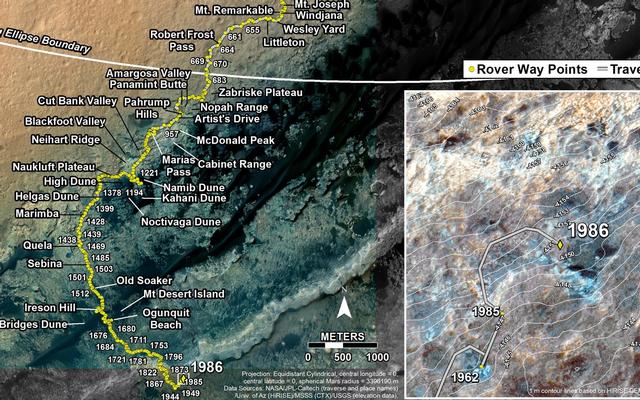This map shows the route driven by NASA's Mars rover Curiosity through the 1986 Martian day, or sol, of the rover's mission on Mars (March 09, 2018).