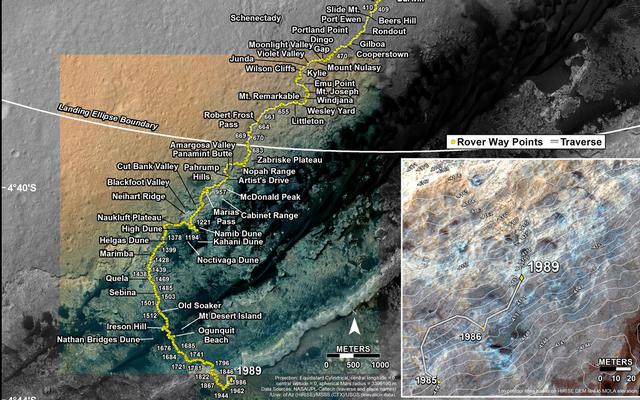 This map shows the route driven by NASA's Mars rover Curiosity through the 1989 Martian day, or sol, of the rover's mission on Mars (March 12, 2018).