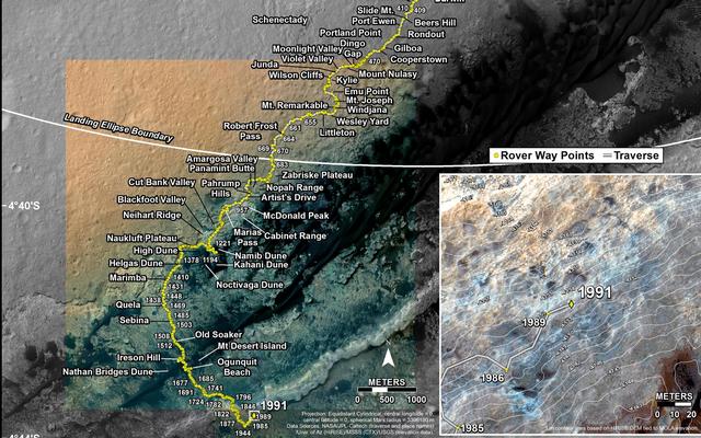 This map shows the route driven by NASA's Mars rover Curiosity through the 1991 Martian day, or sol, of the rover's mission on Mars (March 14, 2018).