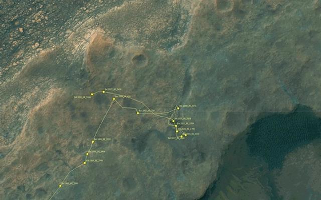 This map shows the route driven by NASA's Mars rover Curiosity through the 2030 Martian day, or sol, of the rover's mission on Mars (April 23, 2018).