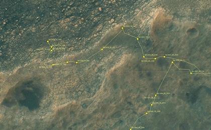 This map shows the route driven by NASA's Mars rover Curiosity through the 2052 Martian day, or sol, of the rover's mission on Mars (May 14, 2018).