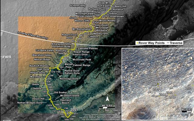This map shows the route driven by NASA's Mars rover Curiosity through the 2051 Martian day, or sol, of the rover's mission on Mars (May 14, 2018).