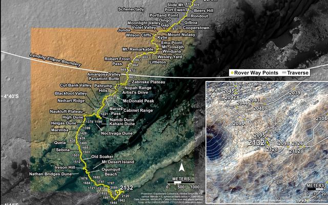 This map shows the route driven by NASA's Mars rover Curiosity through the 2132 Martian day, or sol, of the rover's mission on Mars (August 06, 2018).