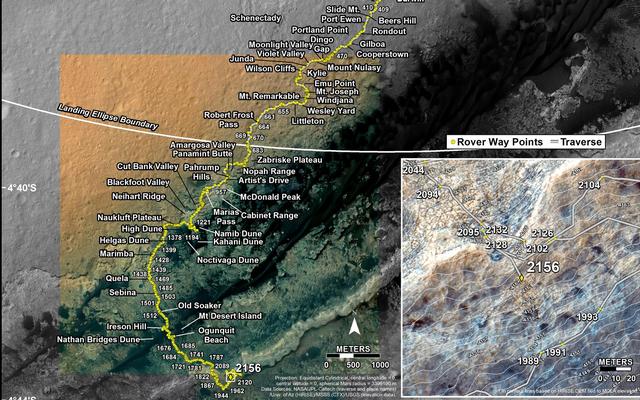 This map shows the route driven by NASA's Mars rover Curiosity through the 2156 Martian day, or sol, of the rover's mission on Mars (August 30, 2018).