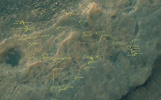 This map shows the route driven by NASA's Mars rover Curiosity through the 2166 Martian day, or sol, of the rover's mission on Mars (September 10, 2018).