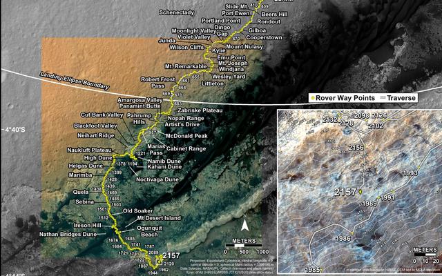 This map shows the route driven by NASA's Mars rover Curiosity through the 2157 Martian day, or sol, of the rover's mission on Mars (August 31, 2018).