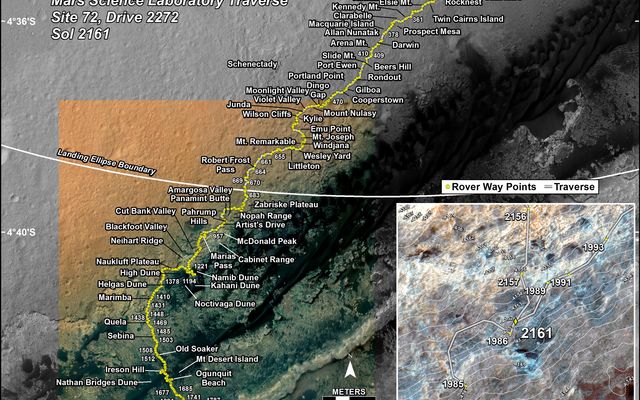 This map shows the route driven by NASA's Mars rover Curiosity through the 2161 Martian day, or sol, of the rover's mission on Mars (September 04, 2018).