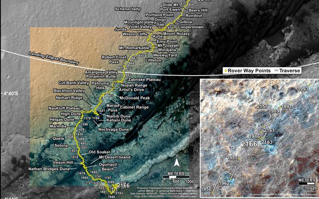 This map shows the route driven by NASA's Mars rover Curiosity through the 2166 Martian day, or sol, of the rover's mission on Mars (September 10, 2018).