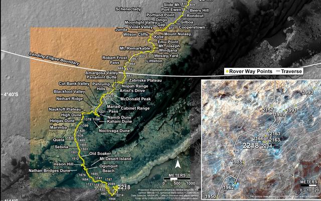 This map shows the route driven by NASA's Mars rover Curiosity through the 2218 Martian day, or sol, of the rover's mission on Mars (November 29, 2018).