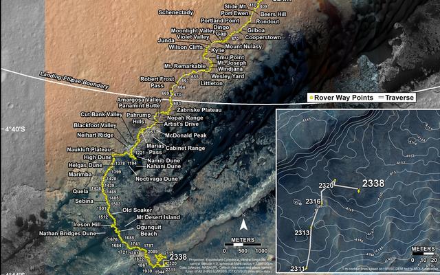 This map shows the route driven by NASA's Mars rover Curiosity through the 2338 Martian day, or sol, of the rover's mission on Mars (March 05, 2019).