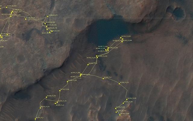This map shows the route driven by NASA's Mars rover Curiosity through the 2447 Martian day, or sol, of the rover's mission on Mars (June 25, 2019).