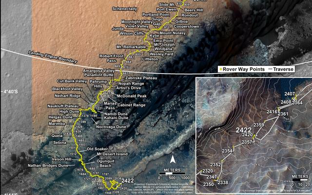This map shows the route driven by NASA's Mars rover Curiosity through the 2422 Martian day, or sol, of the rover's mission on Mars (June 01, 2019).