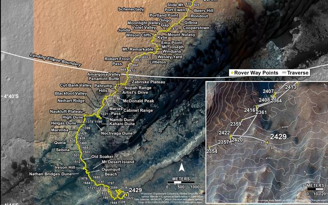 This map shows the route driven by NASA's Mars rover Curiosity through the 2429 Martian day, or sol, of the rover's mission on Mars (June 07, 2019).