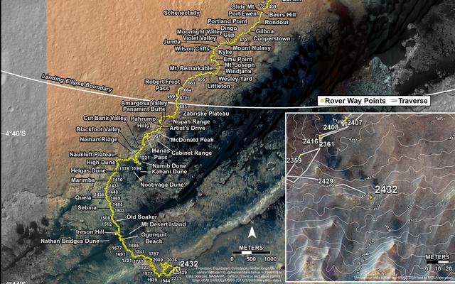 This map shows the route driven by NASA's Mars rover Curiosity through the 2432 Martian day, or sol, of the rover's mission on Mars (June 10, 2019).