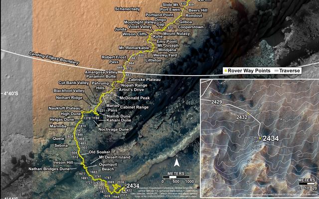 This map shows the route driven by NASA's Mars rover Curiosity through the 2434 Martian day, or sol, of the rover's mission on Mars (June 12, 2019).
