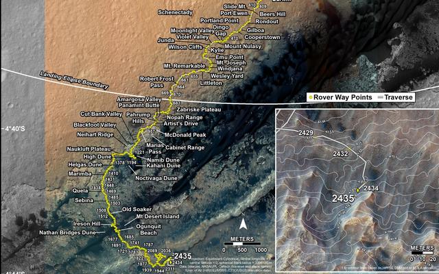 This map shows the route driven by NASA's Mars rover Curiosity through the 2435 Martian day, or sol, of the rover's mission on Mars (June 13, 2019).