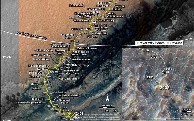 This map shows the route driven by NASA's Mars rover Curiosity through the 2439 Martian day, or sol, of the rover's mission on Mars (June 18, 2019).