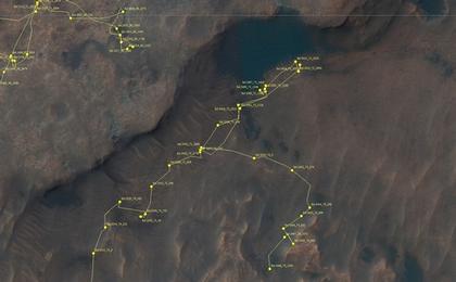 This map shows the route driven by NASA's Mars rover Curiosity through the 2448 Martian day, or sol, of the rover's mission on Mars (June 26, 2019).