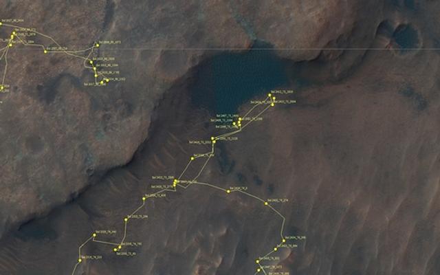 This map shows the route driven by NASA's Mars rover Curiosity through the 2449 Martian day, or sol, of the rover's mission on Mars (June 27, 2019).